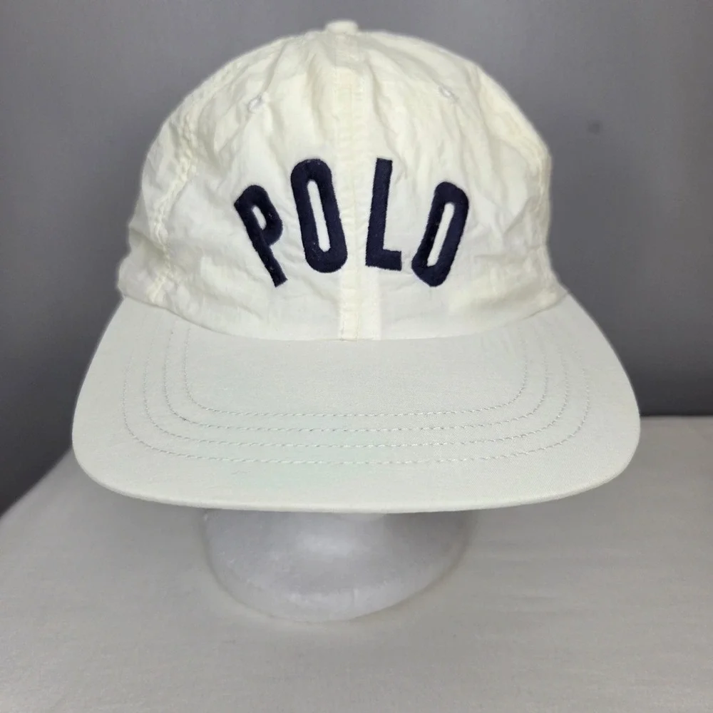 Vintage Polo Ralph Lauren Nylon Strapback Hat Cream Navy Blue 90s Made in Taiwan